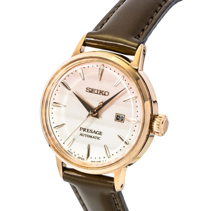 Seiko Presage Cocktail Limited Edition Damenuhr mit Lederarmband, roségoldenem Zifferblatt und Automatikwerk, Modell SRE014J1