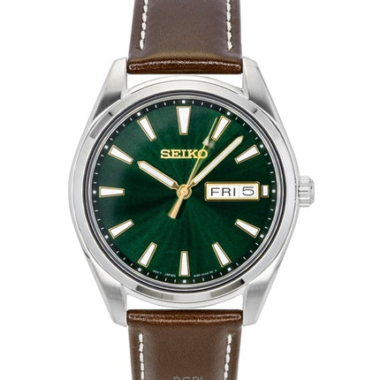 Seiko Neo Classic Herrenuhr mit Lederarmband, grünem Zifferblatt, Quarzwerk, Modell SUR449P1, wasserdicht bis 100 m