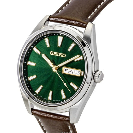 Seiko Neo Classic Herrenuhr mit Lederarmband, grünem Zifferblatt, Quarzwerk, Modell SUR449P1, wasserdicht bis 100 m