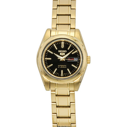 Seiko 5 Goldfarbene Edelstahluhr mit schwarzem Zifferblatt, 21 Steine, Automatik, SYMK22K1, Damenuhr
