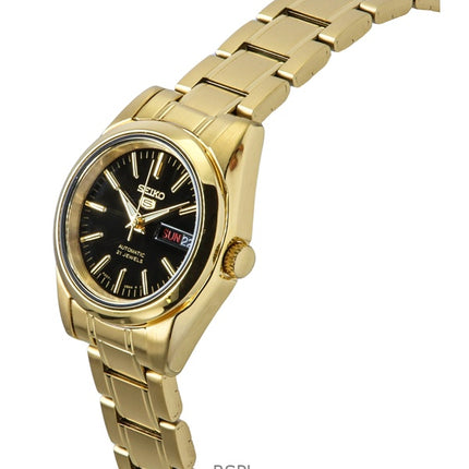 Seiko 5 Goldfarbene Edelstahluhr mit schwarzem Zifferblatt, 21 Steine, Automatik, SYMK22K1, Damenuhr