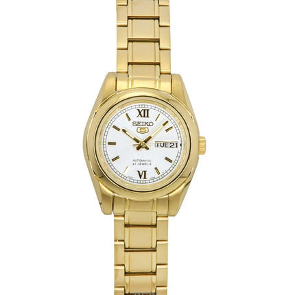 Seiko 5 Goldfarbene Edelstahluhr mit weißem Zifferblatt, automatisches SYMK30K1 30M, Damenuhr