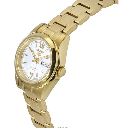 Seiko 5 Goldfarbene Edelstahluhr mit weißem Zifferblatt, automatisches SYMK30K1 30M, Damenuhr