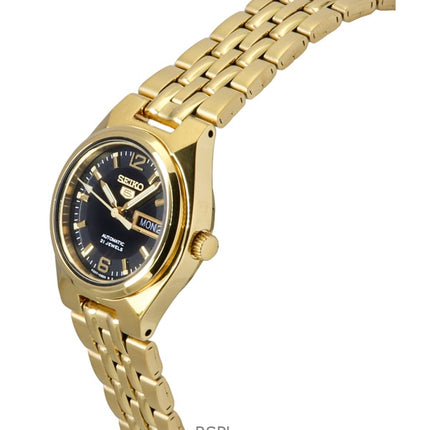 Seiko 5 Goldfarbene Edelstahl-Automatikuhr mit schwarzem Zifferblatt SYMK38K1 für Damen
