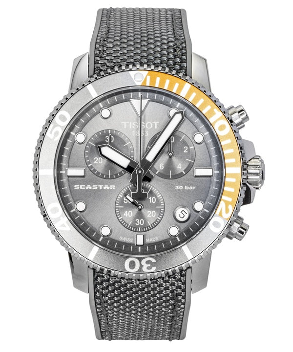 Tissot Seastar 1000 Chronograph, Textilarmband, schwarzes Zifferblatt, Quarz-Taucheruhr T120.417.17.081.01, 300 m, Herrenuhr