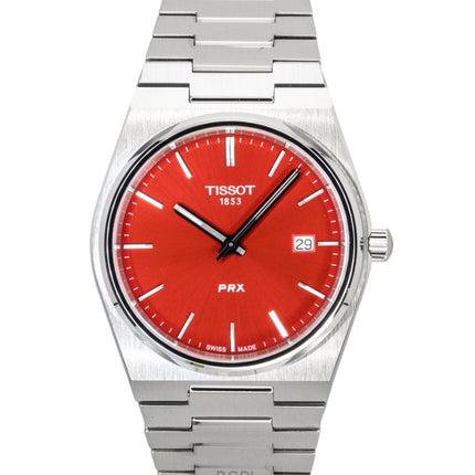 Tissot PRX Herrenuhr aus Edelstahl mit rotem Zifferblatt, Quarzwerk, T137.410.11.421.00, wasserdicht bis 100 m