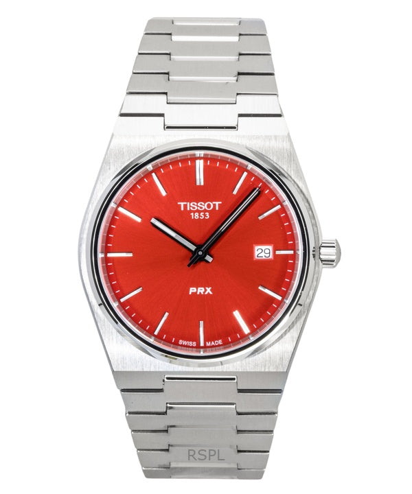 Tissot PRX Herrenuhr aus Edelstahl mit rotem Zifferblatt, Quarzwerk, T137.410.11.421.00, wasserdicht bis 100 m