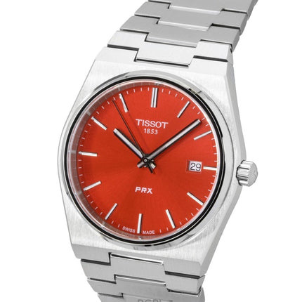 Tissot PRX Herrenuhr aus Edelstahl mit rotem Zifferblatt, Quarzwerk, T137.410.11.421.00, wasserdicht bis 100 m