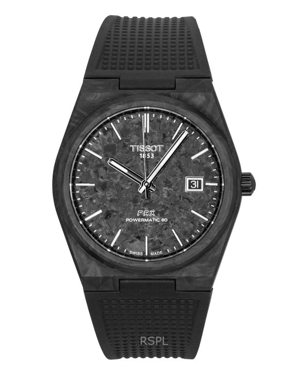 Tissot PRX Carbon Herrenuhr mit Synthetikarmband, schwarzem Zifferblatt, Automatikwerk, T137.907.97.201.00, wasserdicht bis 100 m
