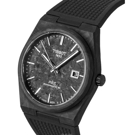 Tissot PRX Carbon Herrenuhr mit Synthetikarmband, schwarzem Zifferblatt, Automatikwerk, T137.907.97.201.00, wasserdicht bis 100 m