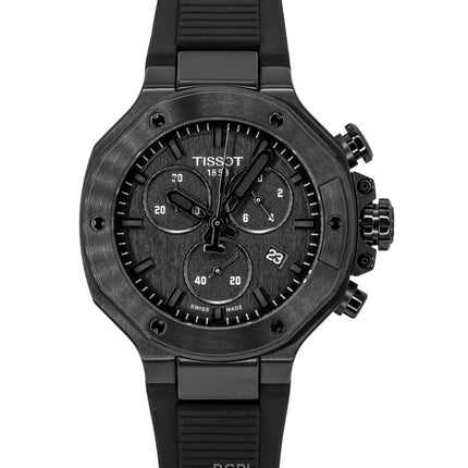 Tissot T-Race Chronograph Herrenuhr mit Silikonarmband, schwarzem Zifferblatt, Quarzwerk T141.817.37.051.00, wasserdicht bis 100 m