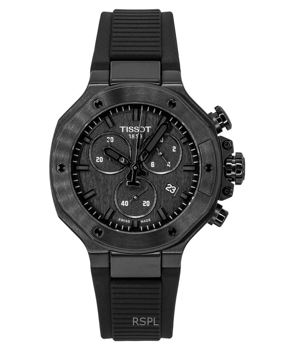 Tissot T-Race Chronograph Herrenuhr mit Silikonarmband, schwarzem Zifferblatt, Quarzwerk T141.817.37.051.00, wasserdicht bis 100 m