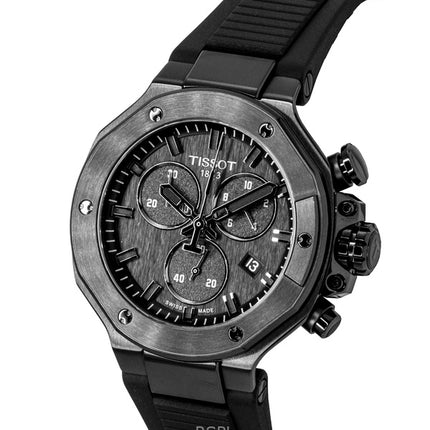 Tissot T-Race Chronograph Herrenuhr mit Silikonarmband, schwarzem Zifferblatt, Quarzwerk T141.817.37.051.00, wasserdicht bis 100 m