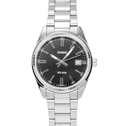Casio Analog-Uhr aus Edelstahl mit schwarzem Zifferblatt, Quarz, UTP-1302PD-1AV, Unisex