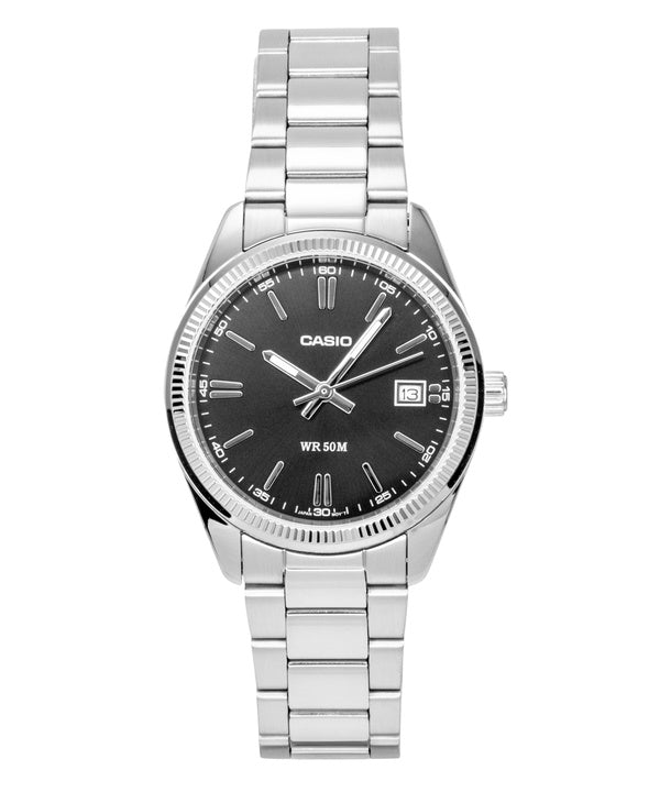 Casio Analog-Uhr aus Edelstahl mit schwarzem Zifferblatt, Quarz, UTP-1302PD-1AV, Unisex