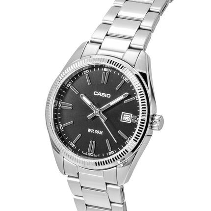 Casio Analog-Uhr aus Edelstahl mit schwarzem Zifferblatt, Quarz, UTP-1302PD-1AV, Unisex