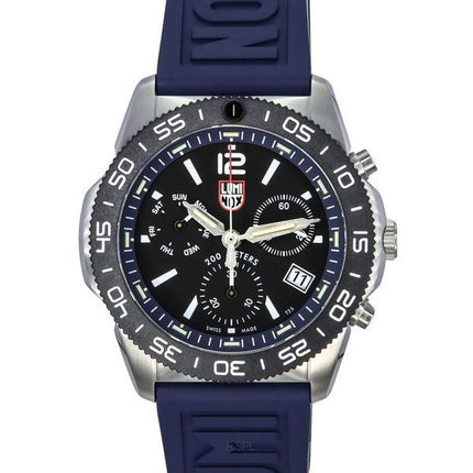 Luminox Pacific Diver Chronograph, marineblaues Kautschukarmband, schwarzes Zifferblatt, Quarz-Taucheruhr XS.3143 200M, Herrenuh