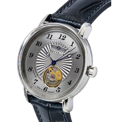 Zeppelin Friedrichshafen Herrenuhr mit Lederarmband, offenem Herz, silbernem Zifferblatt, Automatikwerk, Modell 85671