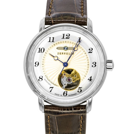 Zeppelin Friedrichshafen Damenuhr mit Lederarmband, offenem Herzmotiv, goldenem Zifferblatt, Automatikwerk, Ref. 85675