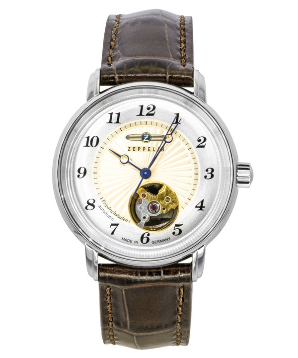 Zeppelin Friedrichshafen Damenuhr mit Lederarmband, offenem Herzmotiv, goldenem Zifferblatt, Automatikwerk, Ref. 85675