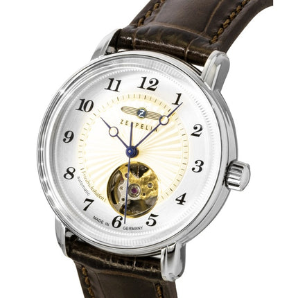 Zeppelin Friedrichshafen Damenuhr mit Lederarmband, offenem Herzmotiv, goldenem Zifferblatt, Automatikwerk, Ref. 85675