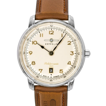 Zeppelin Mediterranee Herrenuhr mit Lederarmband, beigem Zifferblatt und Quarzwerk, Modell 96405