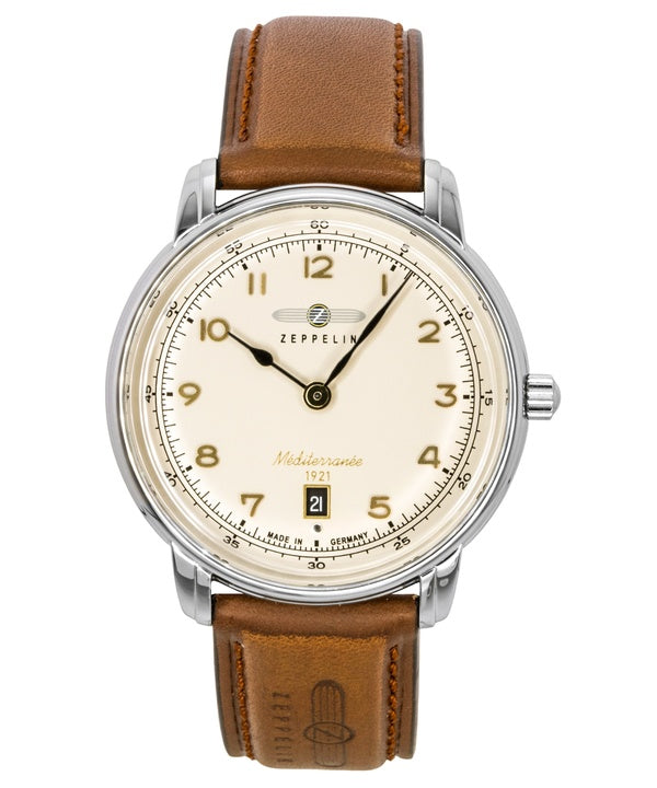 Zeppelin Mediterranee Herrenuhr mit Lederarmband, beigem Zifferblatt und Quarzwerk, Modell 96405