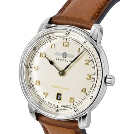 Zeppelin Mediterranee Herrenuhr mit Lederarmband, beigem Zifferblatt und Quarzwerk, Modell 96405