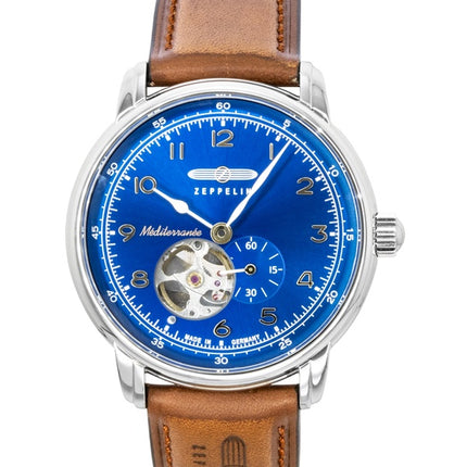 Zeppelin Mediterranee Herrenuhr mit Lederarmband, offenem Herzmotiv, blauem Zifferblatt, Automatikwerk, Ref. 96663