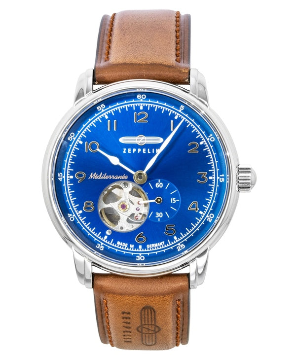 Zeppelin Mediterranee Herrenuhr mit Lederarmband, offenem Herzmotiv, blauem Zifferblatt, Automatikwerk, Ref. 96663