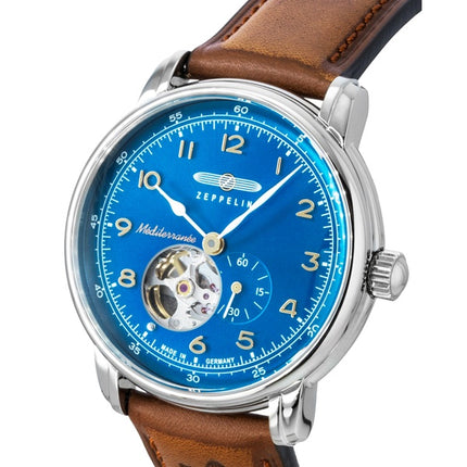 Zeppelin Mediterranee Herrenuhr mit Lederarmband, offenem Herzmotiv, blauem Zifferblatt, Automatikwerk, Ref. 96663