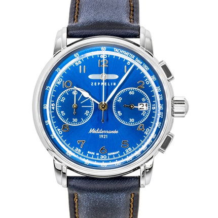 Zeppelin Mediterranee Chronograph Herrenuhr mit Lederarmband, blauem Zifferblatt und Quarzwerk (Ref. 96703)