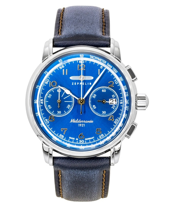 Zeppelin Mediterranee Chronograph Herrenuhr mit Lederarmband, blauem Zifferblatt und Quarzwerk (Ref. 96703)