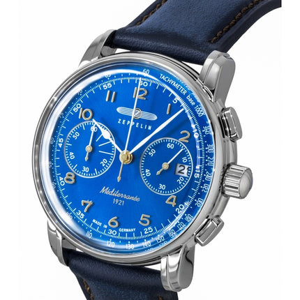 Zeppelin Mediterranee Chronograph Herrenuhr mit Lederarmband, blauem Zifferblatt und Quarzwerk (Ref. 96703)