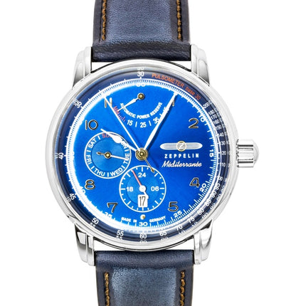 Zeppelin Mediterranee Herrenuhr mit Lederarmband, blauem Zifferblatt und Automatikwerk, Modell 96903