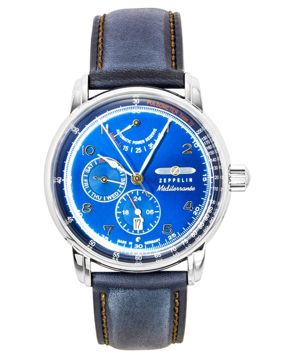 Zeppelin Mediterranee Herrenuhr mit Lederarmband, blauem Zifferblatt und Automatikwerk, Modell 96903