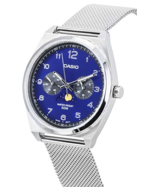 Casio Standard Analog Edelstahl Mesh Armband Mondphase blaues Zifferblatt Quarz MTP-M300M-2A Herrenuhr