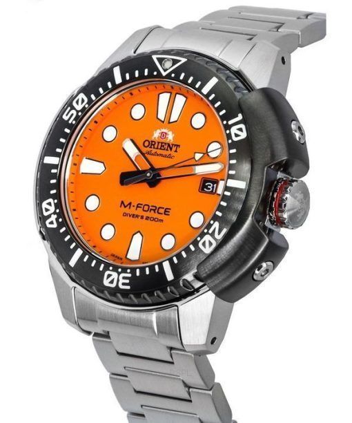 Orient M-Force AC0L Sport-Armbanduhr aus Edelstahl mit orangefarbenem Zifferblatt und Automatik-Taucheruhr RA-AC0L08Y00B 200M