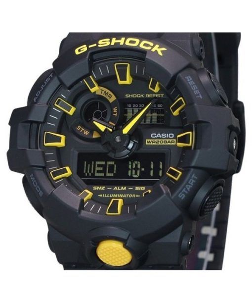 Casio G-Shock Caution Gelbes analoges digitales Harzarmband mit schwarzem Zifferblatt und Quarz GA-700CY-1A 200M Herrenuhr