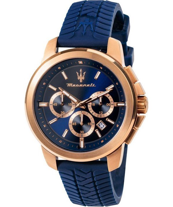 Maserati Successo Lifestyle Chronograph, Kautschukarmband, blaues Zifferblatt, Quarz, R8871621034, Herrenuhr
