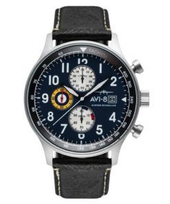 AVI-8 Hawker Hurricane Classic Chronograph Mitternachtsschwarzes Lederarmband Blaues Zifferblatt Quarz AV-4011-0I Herrenuhr